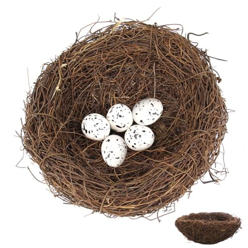 Hperu Rattan Birds Nest Decor 5, 9 -Zoll -künstliches Nest mit 5 Schaumeier für Handwerksheim -Party -Dekoration von Hperu