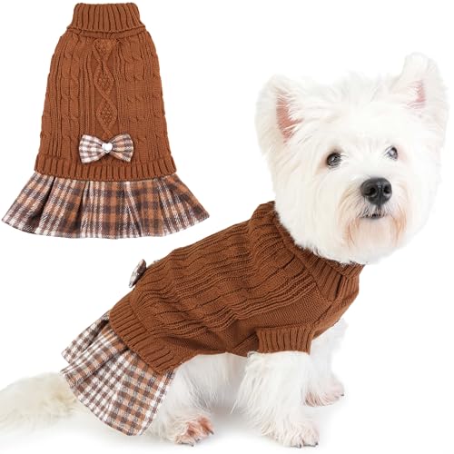 Hpetppy Hundepullover für kleine Hunde und Mädchen mit Schleife und kariertem Rock, weicher Tureleneck, Hundepullover mit Loch für die Leine, Haustierkleidung im Winter, dicker, warmer Pullover Hpetppy Hundepullover für kleine Hunde und Mädchen mit Schleife und kariertem Rock, weicher Tureleneck, Hundepullover mit Loch für die Leine, Haustierkleidung im Winter, dicker, warmer Pullover von Hpetppy