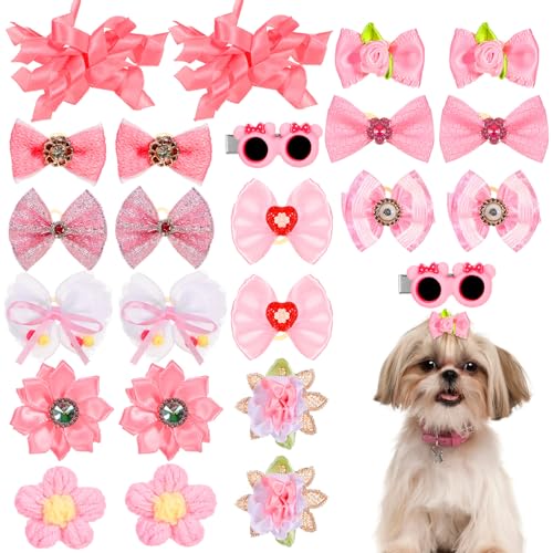 Hpmjz Haarschleifen für kleine Hunde, 24 Stück, Hellrosa, Haar-Accessoires, gemischter Stil, Blumenschleife, niedliche Schleife mit Gummibändern für den Urlaub, Alltag, pelzig, Welpen, Katzen von Hpmjz