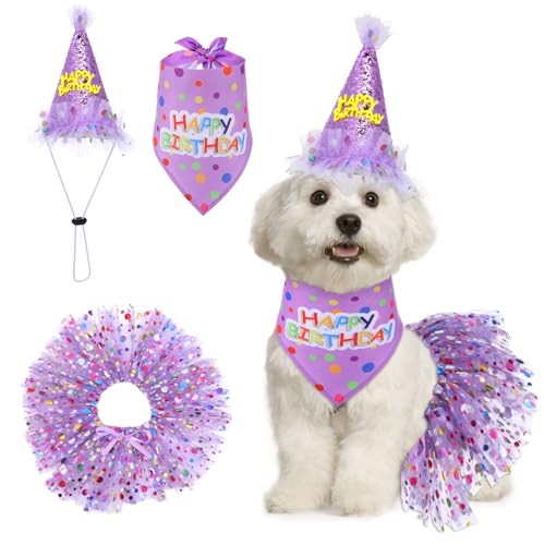 Hpmjz Hunde-Geburtstags-Halstuch mit Hut und Kleid, Mädchen-Set, Welpengeburtstagsparty-Zubehör, niedliches Tutu-Rock, Outfit für kleine, mittelgroße und große Hunde, Dekoration (lila) von Hpmjz