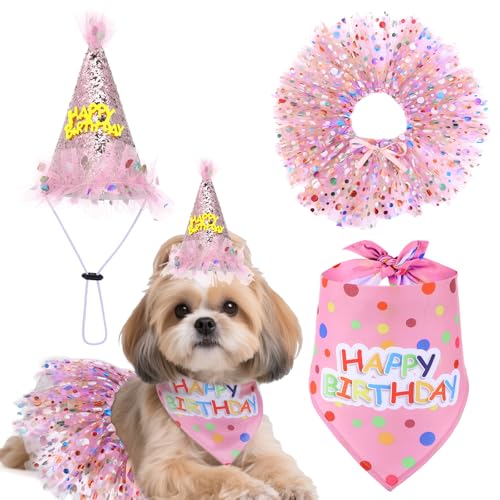 Hunde-Geburtstags-Halstuch mit Hut und Kleid, Mädchen-Set, Welpengeburtstagsparty-Zubehör, niedliches Tutu-Rock, Outfit für kleine, mittelgroße und große Hunde, Dekoration (Rosa) von Hpmjz