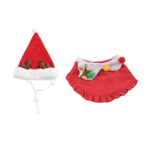 Hrlace 2 Stück Weihnachtskostüm Katzen Hunde Weihnachtsmütze und Schal Set Haustier Kostüm mit Rentier Geweih Niedlich Weihnachten Kleidung Rot Weihnachts Katzenkostüm Hundekostüm M von Hrlace