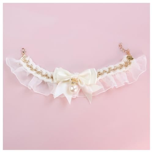 Hrlace Halsband für Hunde und Katzen Haustier Spitzenhalsband mit Schleife und Perlen Elegantes Spitzen Katzenhalsband Hundehalsband elastisch Haustier-Halskette für Geburtstag Hochzeiten Weiß M von Hrlace