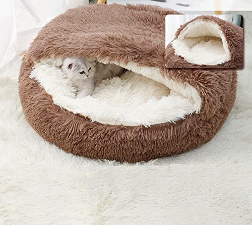 Flauschiges Katzenbett, Katzenbett, Kunstfell, Haustierbett, Plüsch, Donut, rund, mit Kapuze, waschbar, rutschfest, selbstwärmend, L-60 cm, Braun von Hruile