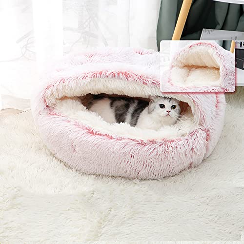 Flauschiges Katzenbett, Katzenbett, Kunstfell, Haustierbett, Plüsch, Donut, rund, mit Kapuze, waschbar, rutschfest, selbstwärmend, S-40 cm, Rosa von Hruile