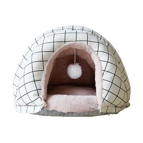 Großes Katzenhöhlenbett, Iglu für den Innenbereich, Plüsch, warmes Katzenhaus zum Schlafen, halbgeschlossenes Haustierbett mit flauschigem hängendem Ball, Kätzchen-Zelthaus mit rutschfester Unterseite von Hruile