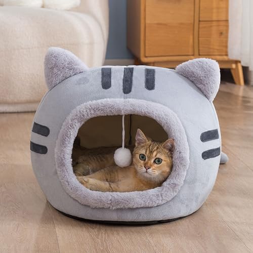 Katzenhöhlenbett, Iglu für den Innenbereich, geschlossenes Kätzchen-Versteck mit abnehmbarem, waschbarem Kissen, bequem, warm, Haustier-Schlafnest für Haustier, Kaninchen, Welpen, 50 x 50 x 36 cm von Hruile