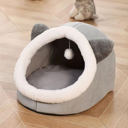 Katzenhöhlenbett für den Innenbereich, warmes Plüsch-Katzen-Schlafnest, halbgeschlossenes Haustierzelt, Haus mit abnehmbarem Kissen, hängendes Spielzeug, gemütliches Haustierbett für Welpen, Kätzchen Katzenhöhlenbett für den Innenbereich, warmes Plüsch-Katzen-Schlafnest, halbgeschlossenes Haustierzelt, Haus mit abnehmbarem Kissen, hängendes Spielzeug, gemütliches Haustierbett für Welpen, Kätzchen von Hruile