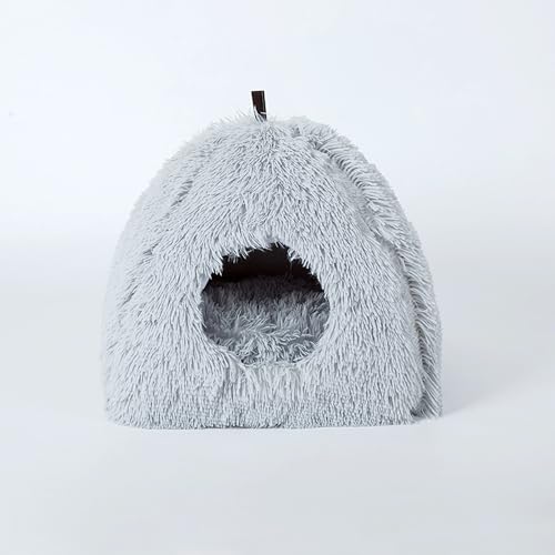 Plüsch-Katzenbett, Iglu-Höhle, 2-in-1-Dreieck-Haustierhaus, Nest, großes Haustierbett, Innen, geschlossenes Katzenzelt, Haus mit Griff, abnehmbares Kissen, Kissen für Kätzchen, Kaninchen (Grau) von Hruile