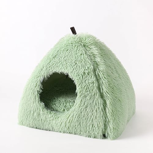 Plüsch-Katzenbett, Iglu-Höhle, 2-in-1-Dreieck-Haustierhaus, Nest, großes Haustierbett, geschlossenes Katzenzelt, Haus mit Griff, abnehmbares Kissen, Kissen für Kätzchen, Kaninchen (Grün) von Hruile