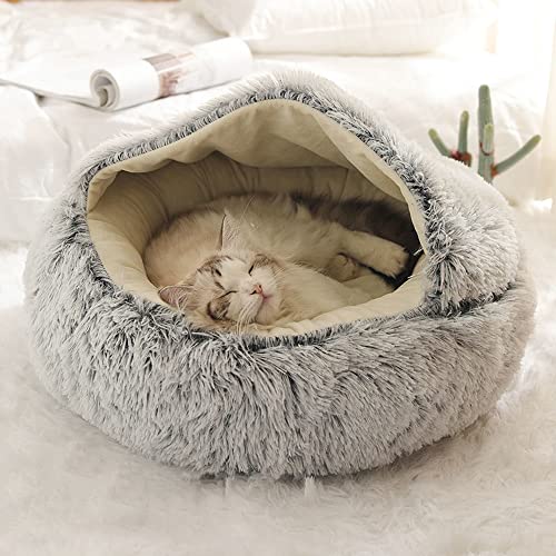 Rundes flauschiges Katzenbett, Katzenhöhle, Katzenzelt, mehrere Größen, selbstwärmend, für Kätzchen und Welpen, kleine Hunde, rutschfest, mit Kapuze, 40 cm, Grau von Hruile
