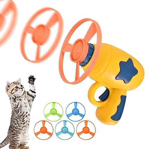 Cat Fetch Toy Katze Spielzeug, Haustier Spielzeug Bunte Fliegende Propeller Disc Katzenspielzeug Chasing Untertasse mit 1 Launchers und 5 Propellers Zufällige Farbe, Kätzchen Tracking Spielzeug von HsentimenH