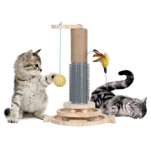 4-in-1 Cat Scratching Post for Indoor Cats, 15.75" Kitten Sisal Scratcher Post with Cat Self Groomer, Cat Toys Feathers Wand, Wooden Interactive Trackball Toys, Dangling Plush Balls (15.75") von HshDUti