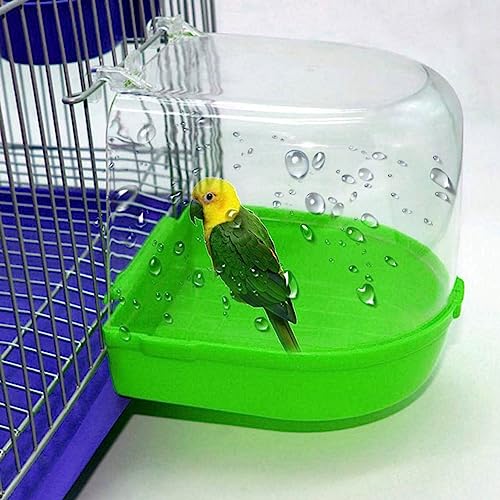 HshDUti Vogeltränke, hängende Badewanne, Vogelkäfig, Zubehör mit Haken, Wasserdusche, transparente Box, Futterspender für kleine Vögel, Kanarienvögel, Wellensittiche, Papageien, 13 x 14 x 13 cm, Grün von HshDUti