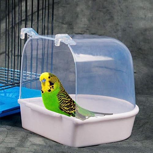 HshDUti Vogeltränke, hängende Badewanne, Vogelkäfig, Zubehör mit Haken, Wasserdusche, transparente Box, Futterspender für kleine Vögel, Kanarienvögel, Wellensittiche, Papageien, 13 x 14 x 13 cm, Weiß von HshDUti