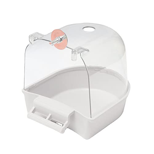 HshDUti Vogeltränke, hängende Badewanne, Vogelkäfig, Zubehör mit Haken, Wasserdusche, transparente Box, Futterspender für kleine Vögel, Kanarienvögel, Wellensittiche, Papageien, 13 x 14 x 13 cm, Weiß von HshDUti