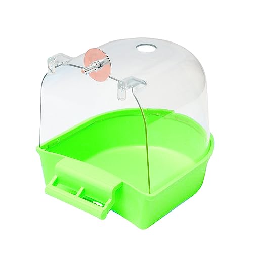 HshDUti Vogeltränke, hängende Badewanne, Vogelkäfig, Zubehör mit Haken, Wasserdusche, transparente Box, Futterspender für kleine Vögel, Kanarienvögel, Wellensittiche, Papageien, 13 x 14 x 13 cm, Grün von HshDUti