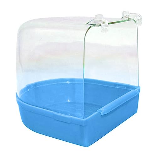 HshDUti Vogeltränke, hängende Badewanne, Vogelkäfig, Zubehör mit Haken, Wasserdusche, transparente Box, Futterspender für kleine Vögel, Kanarienvögel, Wellensittiche, Papageien, 13 x 14 x 13 cm, Blau von HshDUti