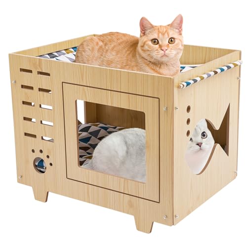 HuKaiL Katzenhaus Holz mit Matratze, Hundehütte Katzenhaus Winterfest Isoliert mit 2 Abnehmbaren Kissen, Weich Warm Katzenkorb Innenraum Katzenhütte für die Meisten Katzen, 55 * 40 * 44cm HuKaiL Katzenhaus Holz mit Matratze, Hundehütte Katzenhaus Winterfest Isoliert mit 2 Abnehmbaren Kissen, Weich Warm Katzenkorb Innenraum Katzenhütte für die Meisten Katzen, 55 * 40 * 44cm von HuKaiL