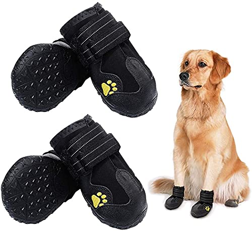 HuaTek Hundestiefel, Wasserdichte Stiefel für Hunde, Hundeschuhe mit Anti-Rutsch-Sohle Reflektierende Riemen, Outdoor Hundeschuhe für Mittelgroße Hunde (Schwarz 4PCS) von HuaTek