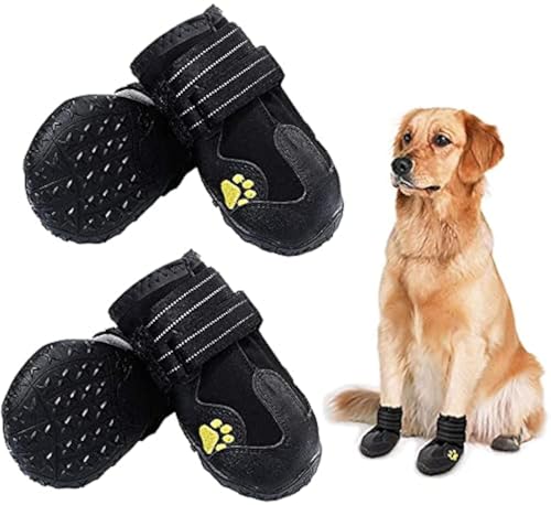 HuaTek Hundestiefel, wasserdichte Hundestiefel, Regenstiefel, Hundeschuhe für mittelgroße bis große Hunde mit zwei reflektierenden Befestigungsbändern und robuster rutschfester Sohle(schwarz, 4 Stück) von HuaTek