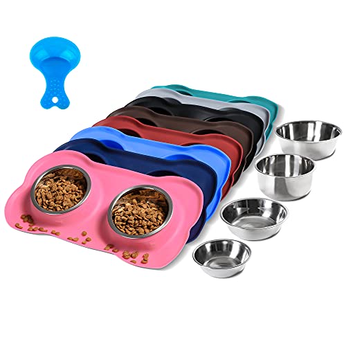 Hubulk Futternäpfe für Hunde, 2 Edelstahl-Futternäpfe mit auslaufsicherem Silikon-Matte + Futterschaufel für Wasser und Futter für kleine, mittelgroße und große Hunde, Katzen, Welpen (XL, Pink) von Hubulk