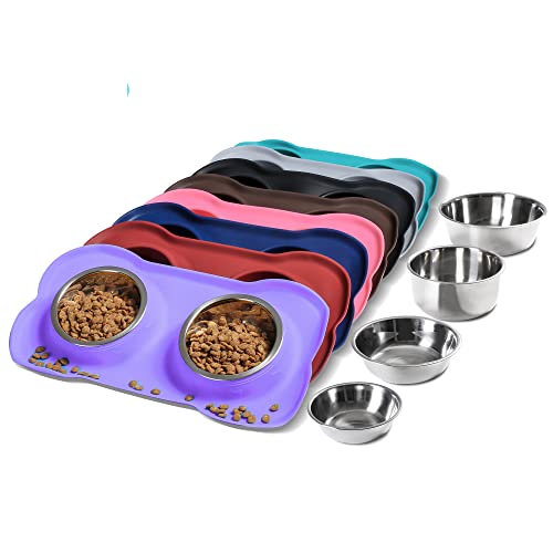 Hubulk Pet Dog Bowls 2 Stainless Steel Dog Bowl with No Spill Non-Skid Silicone Mat + Pet Food Scoop Water and Food Feeder Bowls for Feeding Small Medium Large Dogs Cats Puppies (Medium, Purple) von Hubulk