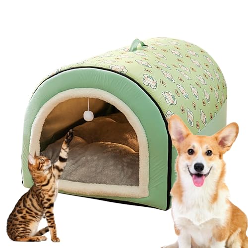 Hudhowks Hundehöhle | 2-in-1 abnehmbares, überdachtes Katzenbett mit Kugelanhänger | Flanell-Katzenversteck, Katzennesthaus, Hundebetten für große Hunde, Katzenhöhlen für Hauskatzen, Hundebett von Hudhowks
