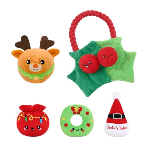 HugSmart Weihnachts-Hundespielzeug (5-teiliges Geschenkset) – Plüsch-Rentier quietschender Spike-Ball, interaktives knisterndes Blatt für kleine mittelgroße Hunde + 3 verschiedene Mini-Spielzeuge, von HugSmart