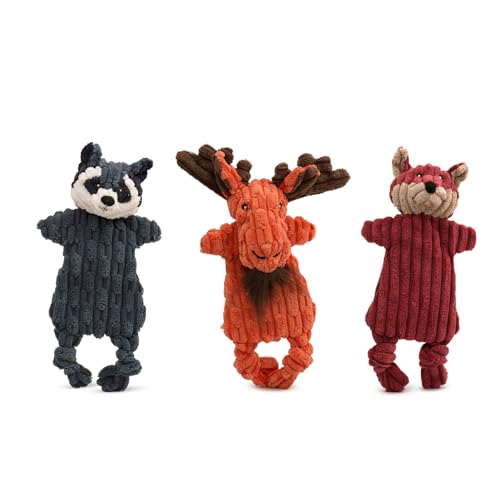 HuggleHounds Flatties – Hundespielzeug, um sie beschäftigt zu halten, quietschendes Knisterspielzeug für kleine, mittelgroße und große Hunde, langlebiges Stofftier, Fuchs, Elch und Waschbär, 3er-Pack, von HuggleHounds