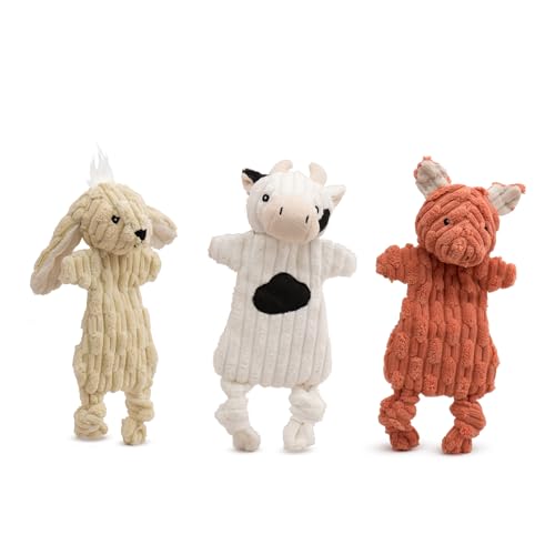 HuggleHounds Flatties – Hundespielzeug, um sie beschäftigt zu halten, quietschendes Knisterspielzeug für kleine, mittelgroße und große Hunde, langlebiges Stofftierspielzeug, Hase, Kuh und Schwein, von HuggleHounds