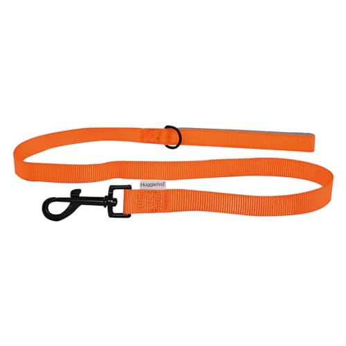 HugglePets Gepolsterte orange Hundeleine für bequemes Gehen | Starke Hundeleine aus Stoff | Weiche Neoprengriffleine | Schwenkbarer D-Ring für Halsband-Geschirrbefestigung von HugglePets