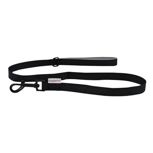 HugglePets Gepolsterte schwarze Hundeleine für bequemes Spazierengehen, robuste Hundeleine aus Stoff, weicher Neoprengriff, drehbarer D-Ring für Halsband-Geschirrbefestigung von HugglePets