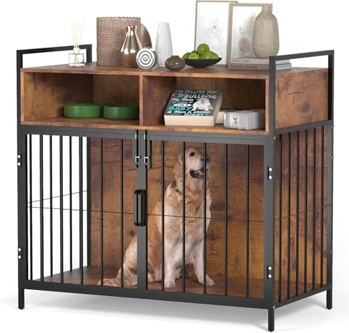 Hundekäfig Möbel, Hundebox für Zuhause, Hundekiste für Hunde, Hölzerne Hundezwinger mit Schublade, 2 Türen, Moderne Hundehütte Holz Indoor für Große Hunde, Hundekäfig für Zuhause, 100x52x93 cm, Braun von Huhote