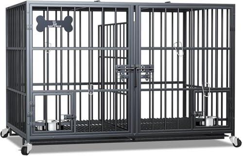Hundekäfig, Hundebox mit Bodenschale, Hundekäfig mit Trennwand, Hundegitterbox mit 2 Türen und Tablett, 2 in 1 Doppelbox Hundegitterbox für Große und mittlere Hunde, 120 x 73 x 68 cm, Schwarz Hundekäfig, Hundebox mit Bodenschale, Hundekäfig mit Trennwand, Hundegitterbox mit 2 Türen und Tablett, 2 in 1 Doppelbox Hundegitterbox für Große und mittlere Hunde, 120 x 73 x 68 cm, Schwarz von Huhote