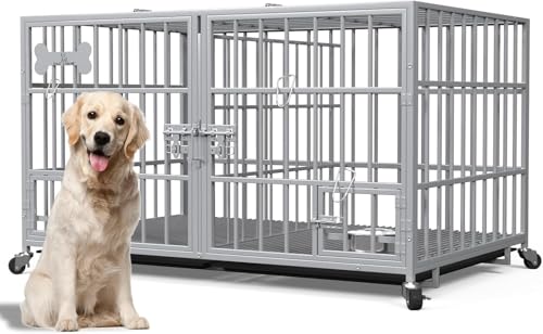 Hundekäfig, Hundebox mit Bodenschale, Hundekäfig mit Trennwand, Hundegitterbox mit 2 Türen und Tablett, 2 in 1 Doppelbox Hundegitterbox für Große und mittlere Hunde, 120 x 73 x 68 cm, Silbrig von Huhote