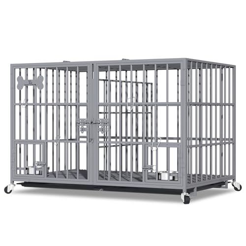 Hundekäfig, Hundebox mit Bodenschale, Hundekäfig mit Trennwand, Hundegitterbox mit 2 Türen und Tablett, 2 in 1 Doppelbox Hundegitterbox für Große und mittlere Hunde, 107 x 73 x 69 cm, Silbrig Hundekäfig, Hundebox mit Bodenschale, Hundekäfig mit Trennwand, Hundegitterbox mit 2 Türen und Tablett, 2 in 1 Doppelbox Hundegitterbox für Große und mittlere Hunde, 107 x 73 x 69 cm, Silbrig von Huhote
