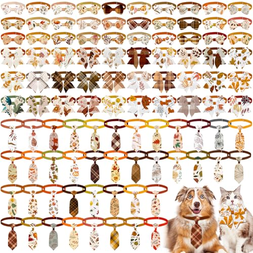 Huhumy 100-teiliges Set mit Fliegen für Hunde mit 40 Krawatten, 30 Welpenfliegen und 30 Halsbandblumen, Herbst-Dekorationen für mittelgroße und große Hunde, Geburtstagskostüm, Erntedankfest von Huhumy