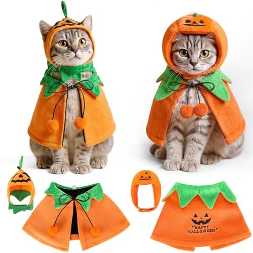 Huhumy 2 Sets Haustier Kürbis Kostüm Katze Halloween Umhang Hut Set für Hund Katze Halloween Kostüme Kürbis Hut für Hunde Welpen Poncho Kleine Mittlere Haustiere Cosplay (niedlich) von Huhumy