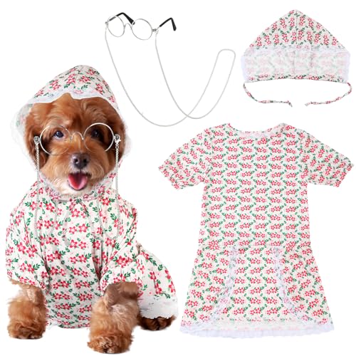Huhumy 3-teiliges Alt-Damenkostüm für Hunde, Oma, Welpen, alte Dame, Hunde-Kostüm, Set, Halloween-Hunde-Outfits, inklusive Blumenkleid, Hut, Retro-Sonnenbrille für Halloween, Haustier, Cosplay-Party Huhumy 3-teiliges Alt-Damenkostüm für Hunde, Oma, Welpen, alte Dame, Hunde-Kostüm, Set, Halloween-Hunde-Outfits, inklusive Blumenkleid, Hut, Retro-Sonnenbrille für Halloween, Haustier, Cosplay-Party von Huhumy
