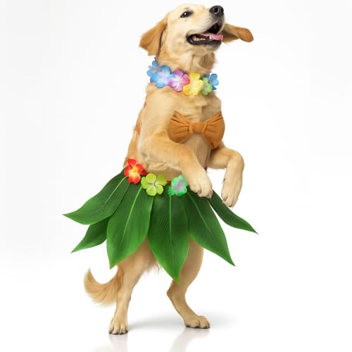 Huhumy 3-teiliges Halloween-Kostüm, Hawaii-Kostüm, inkl. Hula-Kleid, Bikinioberteil, Blumenlei, Boho-Ausschnitt für kleine und mittelgroße Hunde, Welpen-Outfit, Zubehör, Halloween, Cosplay-Zubehör von Huhumy