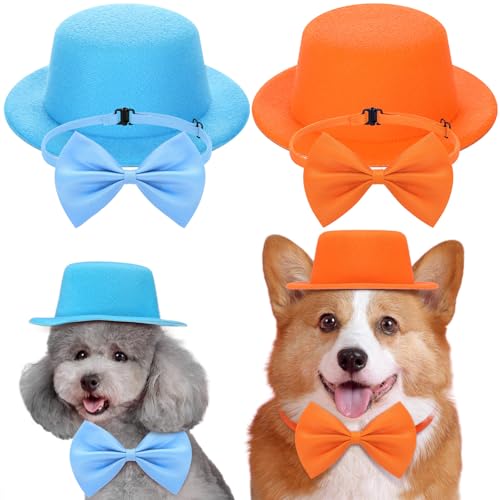 Huhumy 4 Stück Halloween Blau und Orange Zylinder Kostüm Zubehör für Hund Neuheit Hoher Filzhut Fliege Outfit für Haustier Katze Halloween Cosplay Party Supplies von Huhumy