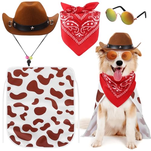 Huhumy 4-teiliges Cowboy-Kostüm-Set für Hunde, enthält Cowboyhut, Dreieck-Bandana, Welpenumhang und Hiphop-Brille für Halloween, Hund, Katze, Welpen, Kätzchen, Kostümzubehör (Braun + Rot, klein) von Huhumy