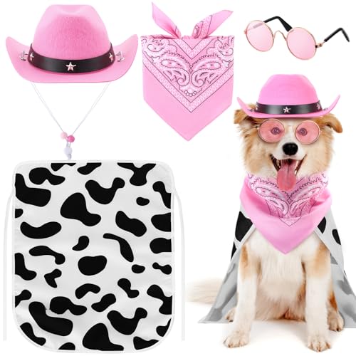 Huhumy 4-teiliges Cowboy-Kostüm-Set für Hunde, enthält Cowboyhut, Dreieck-Bandana, Welpenumhang und Hiphop-Brille für Halloween, Hund, Katze, Welpen, Kätzchen, Kostümzubehör (Rosa, klein) von Huhumy