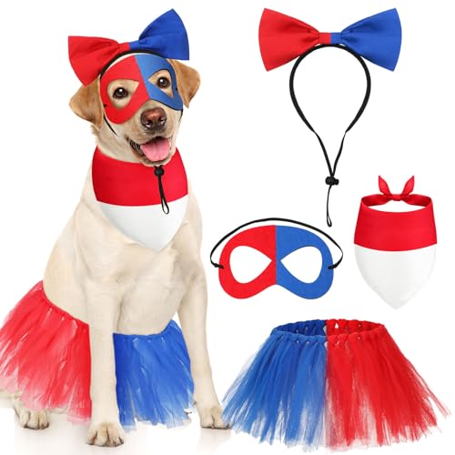 Huhumy 4-teiliges Halloween-Clown-Kostüm-Set, rot-blau, Clown-Haustier-Outfit für kleine und große Hunde, Haustier-Kostüm, Zubehör mit Stirnband, Augenmaske, Bandana, Rock für Welpen, Katzen von Huhumy