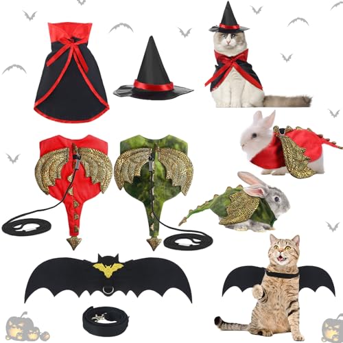Huhumy 4-teiliges Halloween-Haustier-Cosplay-Set, bestehend aus 2 roten und grünen Dinosaurier-Cosplay-Halloween-Haustier-Kostümen, 1 Häschen, Fledermausflügel, 1 Vampir-Kostüm, Umhang mit Hexenhut, Huhumy 4-teiliges Halloween-Haustier-Cosplay-Set, bestehend aus 2 roten und grünen Dinosaurier-Cosplay-Halloween-Haustier-Kostümen, 1 Häschen, Fledermausflügel, 1 Vampir-Kostüm, Umhang mit Hexenhut, von Huhumy