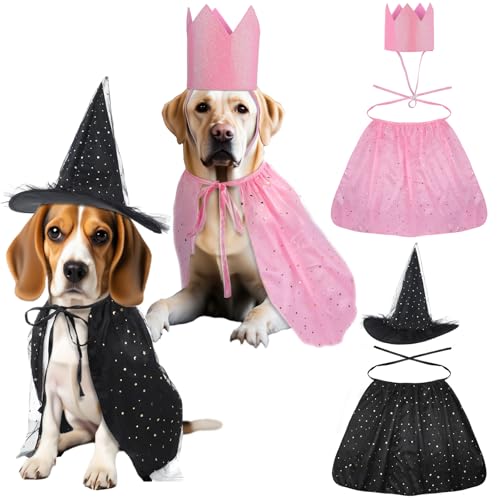 Huhumy 4-teiliges Halloween-Hexen-Kostüm, Hexenumhang, Hut und Krone, Set für Katzen und Hunde, Zaubererhut und Umhang, Kostüm für kleine und mittelgroße Hunde, Halloween-Partyzubehör Huhumy 4-teiliges Halloween-Hexen-Kostüm, Hexenumhang, Hut und Krone, Set für Katzen und Hunde, Zaubererhut und Umhang, Kostüm für kleine und mittelgroße Hunde, Halloween-Partyzubehör von Huhumy