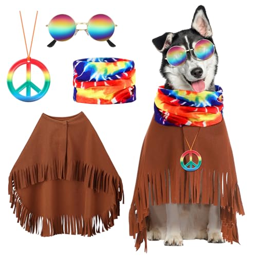 Huhumy 4-teiliges Hippie-Kostüm-Set für Haustiere, bestehend aus Retro-Sonnenbrille, Batikfärbung, Hundeschal, Hippie-Umhang, Halskette, Halloween-Hippie-Kostüm (groß, Halsumfang 45,7 - 63,5 cm, Huhumy 4-teiliges Hippie-Kostüm-Set für Haustiere, bestehend aus Retro-Sonnenbrille, Batikfärbung, Hundeschal, Hippie-Umhang, Halskette, Halloween-Hippie-Kostüm (groß, Halsumfang 45,7 - 63,5 cm, von Huhumy