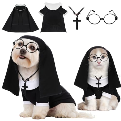 Huhumy 4-teiliges Hundekostüm-Set für Halloween, Nonnenkleidung mit linsenloser Brille, Kreuz-Halskette, lustige Katze, Welpen, Cosplay, Party-Outfits für Halloween, Hunde, Katzen, Verkleidung, Urlaub von Huhumy