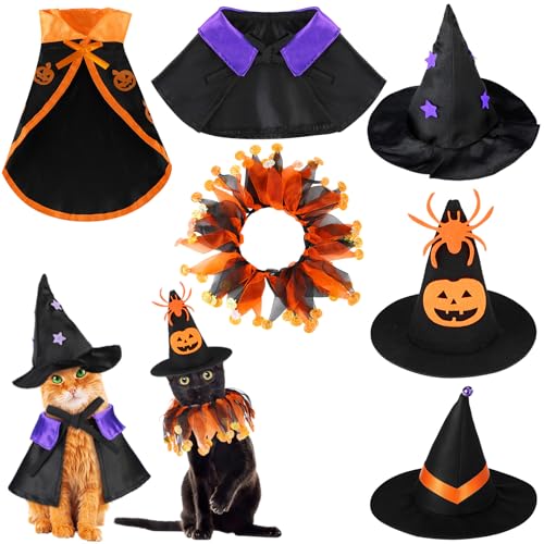 Huhumy 6-teiliges Halloween-Kostüm für Katzen, Zauberer-Kostüm, Hexe, Katze, Umhang und Hut, Zubehör für kleine Kätzchen, Hunde, Halloween, Cosplay, Party-Dekoration von Huhumy